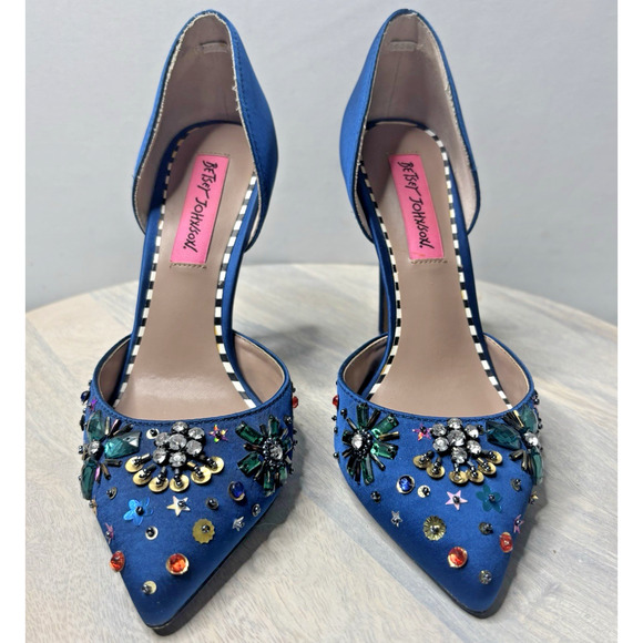 Betsey Johnson Mayson Heels Sz 6 Blue Satin Jeweled Sequin Shoes Pumps - Picture 2 of 10